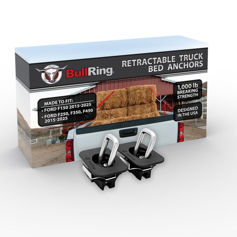 Bull Ring Flush Fit 35Â° Degree Angle Retractable Truck Bed Tie Down Anchors, Compatible with Ford 2015-2025 F150, 2017-2025 F250 F350 & F450 Trucks (1 Pair) - Image 1